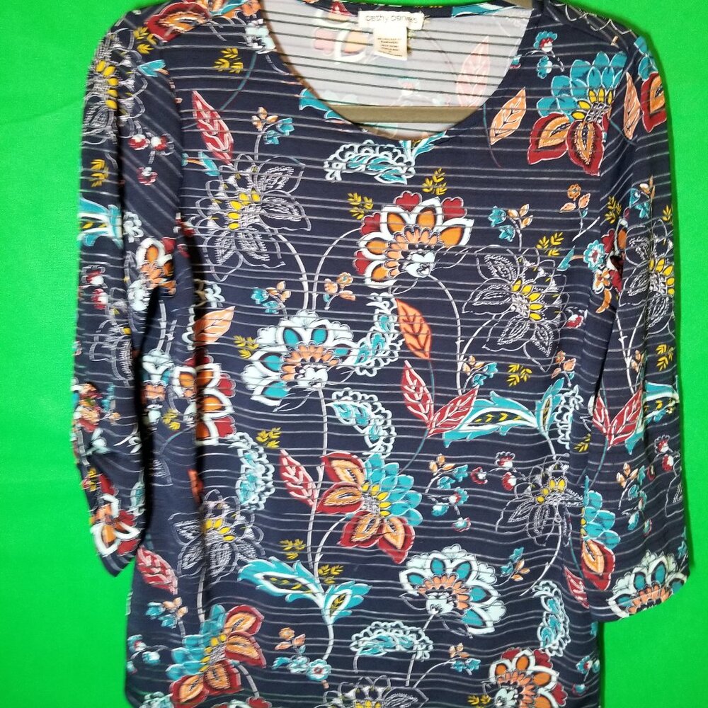 Cathy Daniels Womens Size Small Navy Floral Blouse 3/4 Roll Tab Sleeve Spring